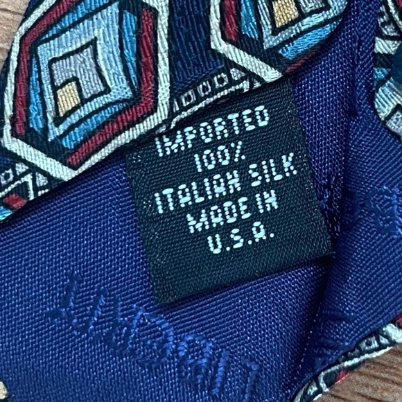 VINTAGE Liberty of London Geometric Print Navy Blue and Red Mens Silk Tie - Picture 2 of 5